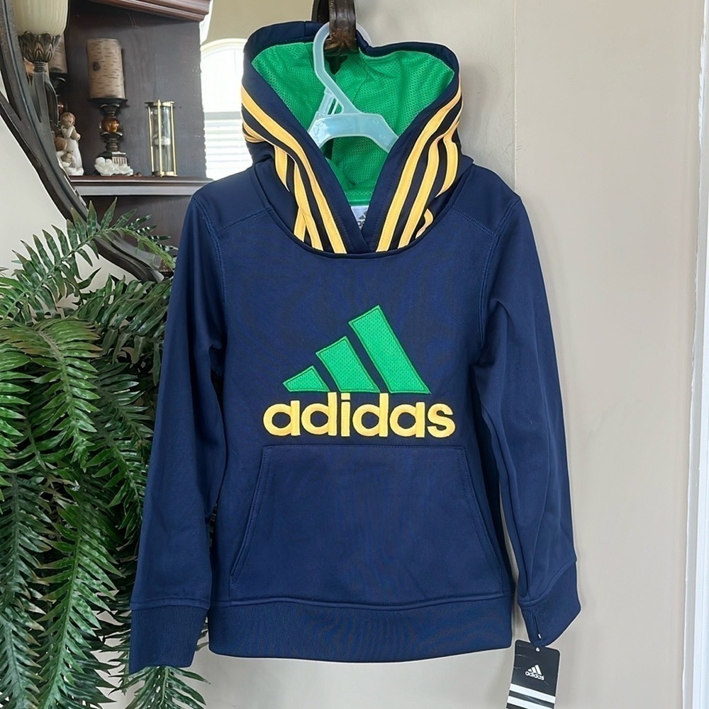 Brand New Adidas Navy Blue Hooded Sweatshirt 3-Stripe Yellow Embroidered Hoodie